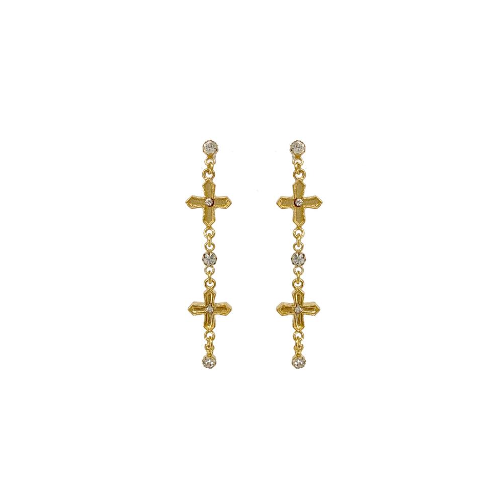 VIRGINS SAINTS & ANGELS VSA Peace Cross 2 Crystal Drop Post Earrings in Gold
